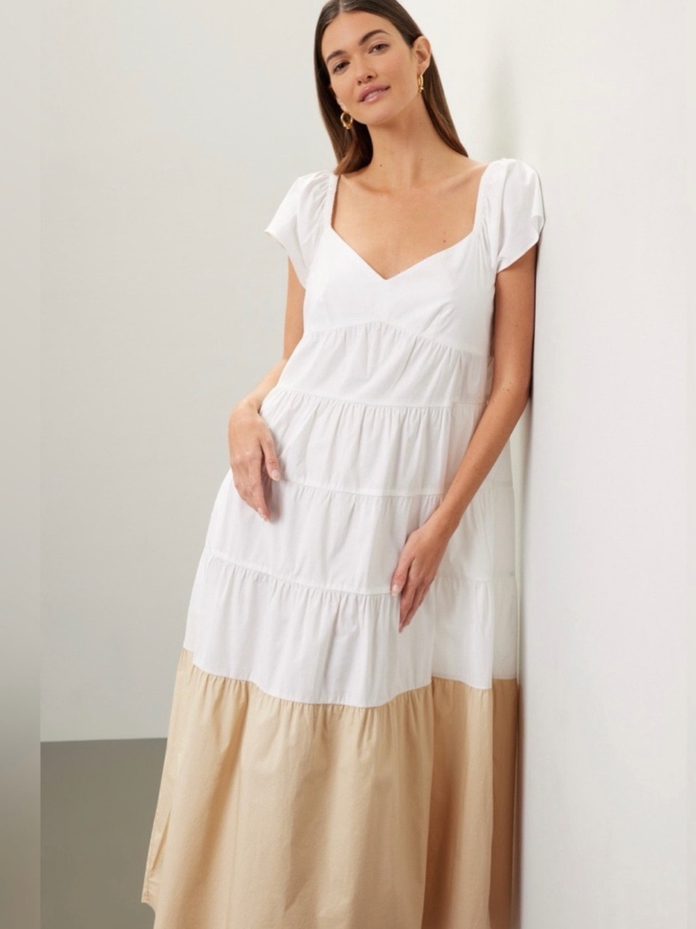 Donna Morgan White and Tan Maxi Dress Beach Family Photos